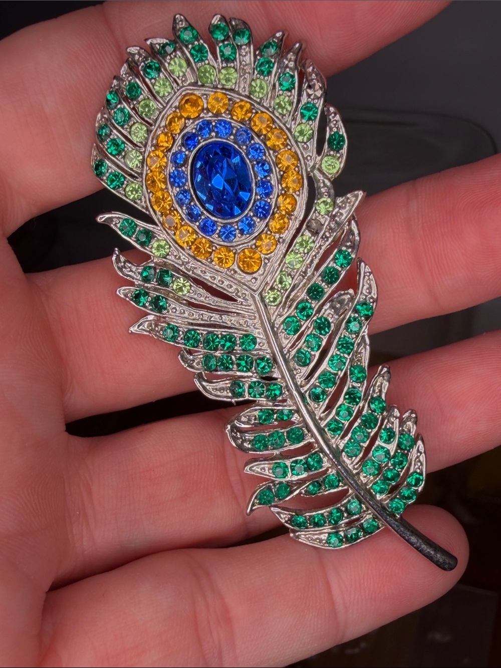 Peacock Feather Crystal Brooch - Green, Blue & Gold Accent